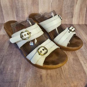 Dansko Women's Size 40 Slip On Sandal Wedge Brown White Two Strap Shoes